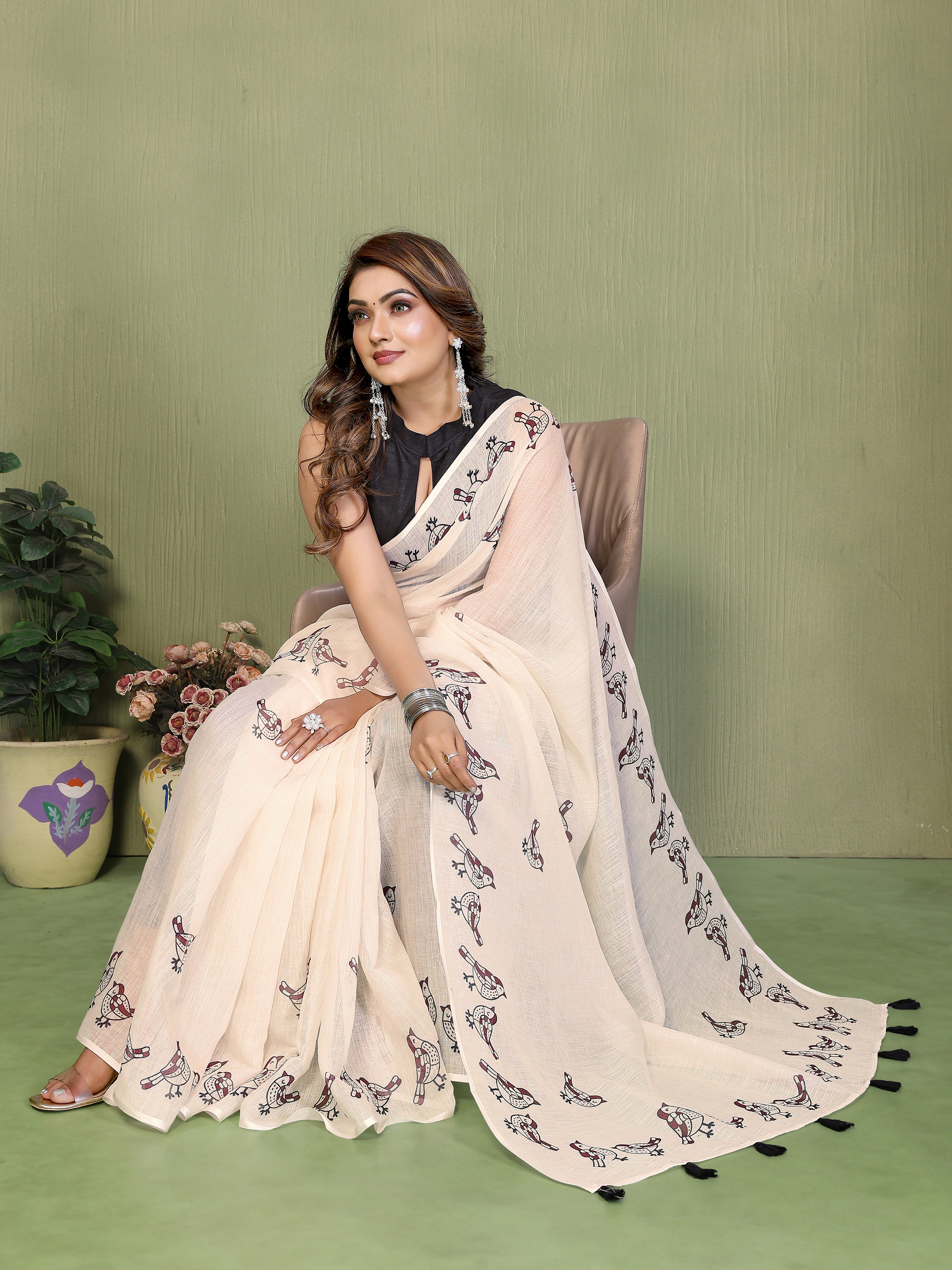 Premium Soft Linen Cotton Printed Saree with Tassels