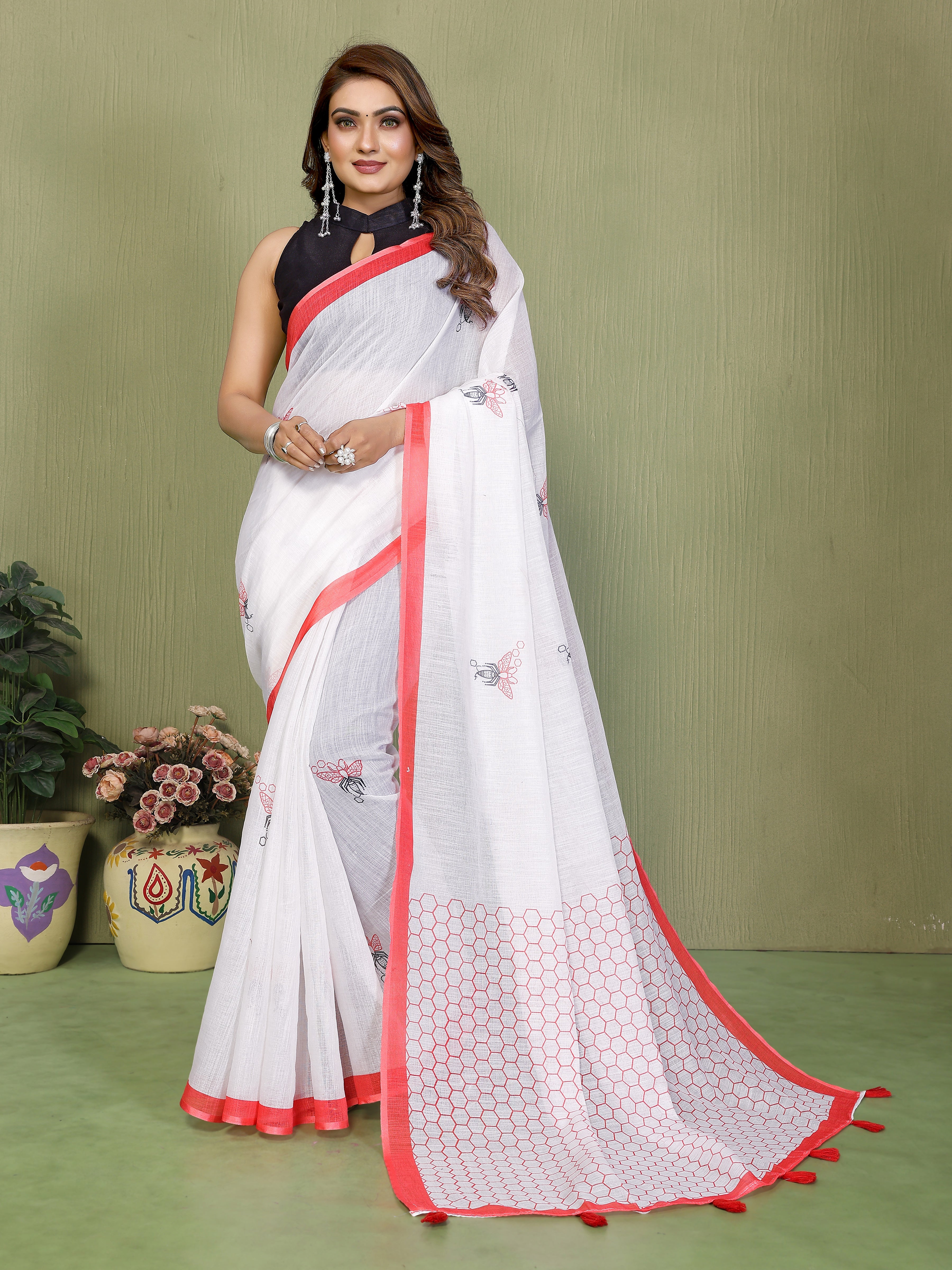 Premium Soft Linen Cotton Printed Saree with Tassels