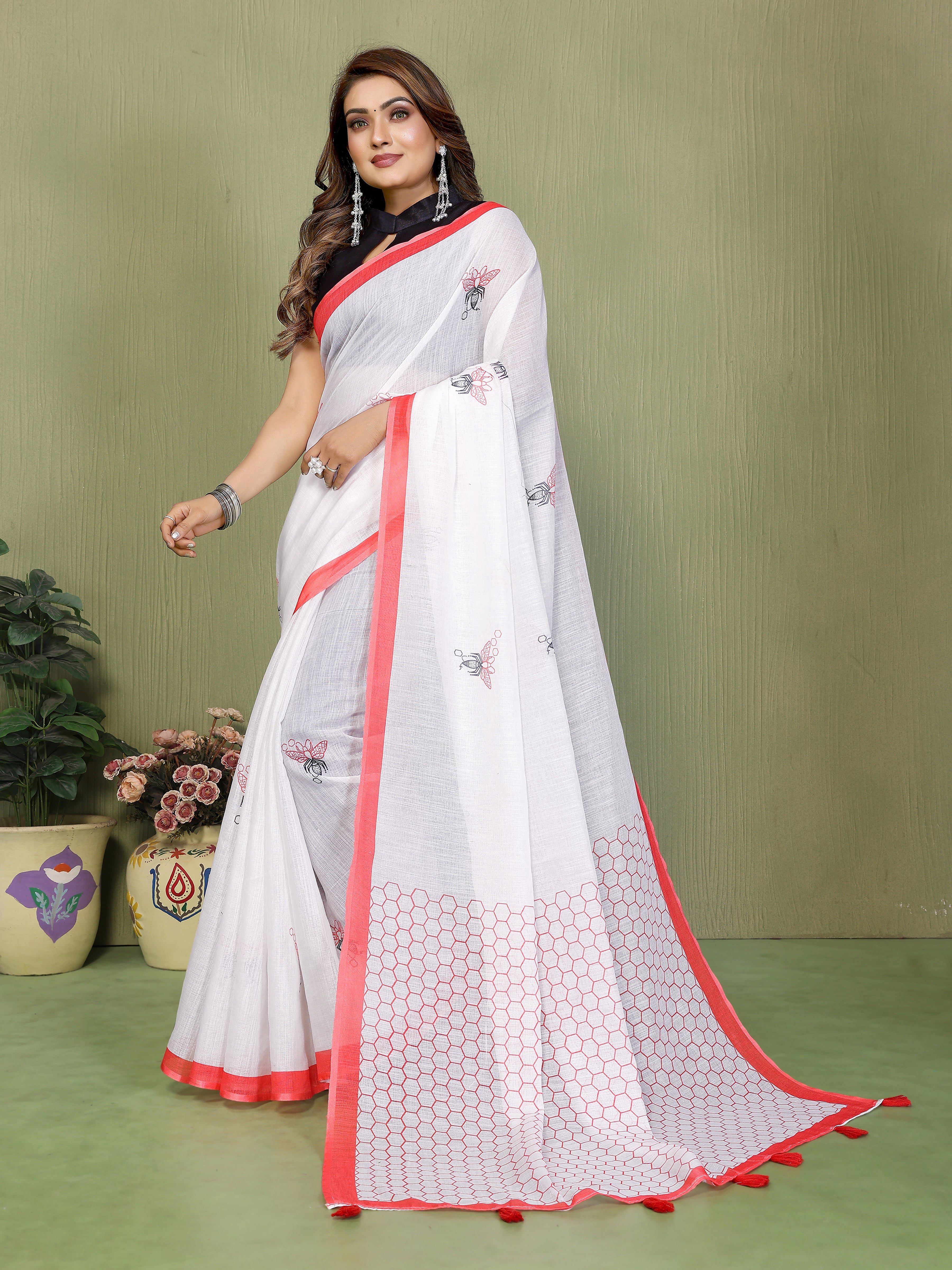 Premium Soft Linen Cotton Printed Saree with Tassels