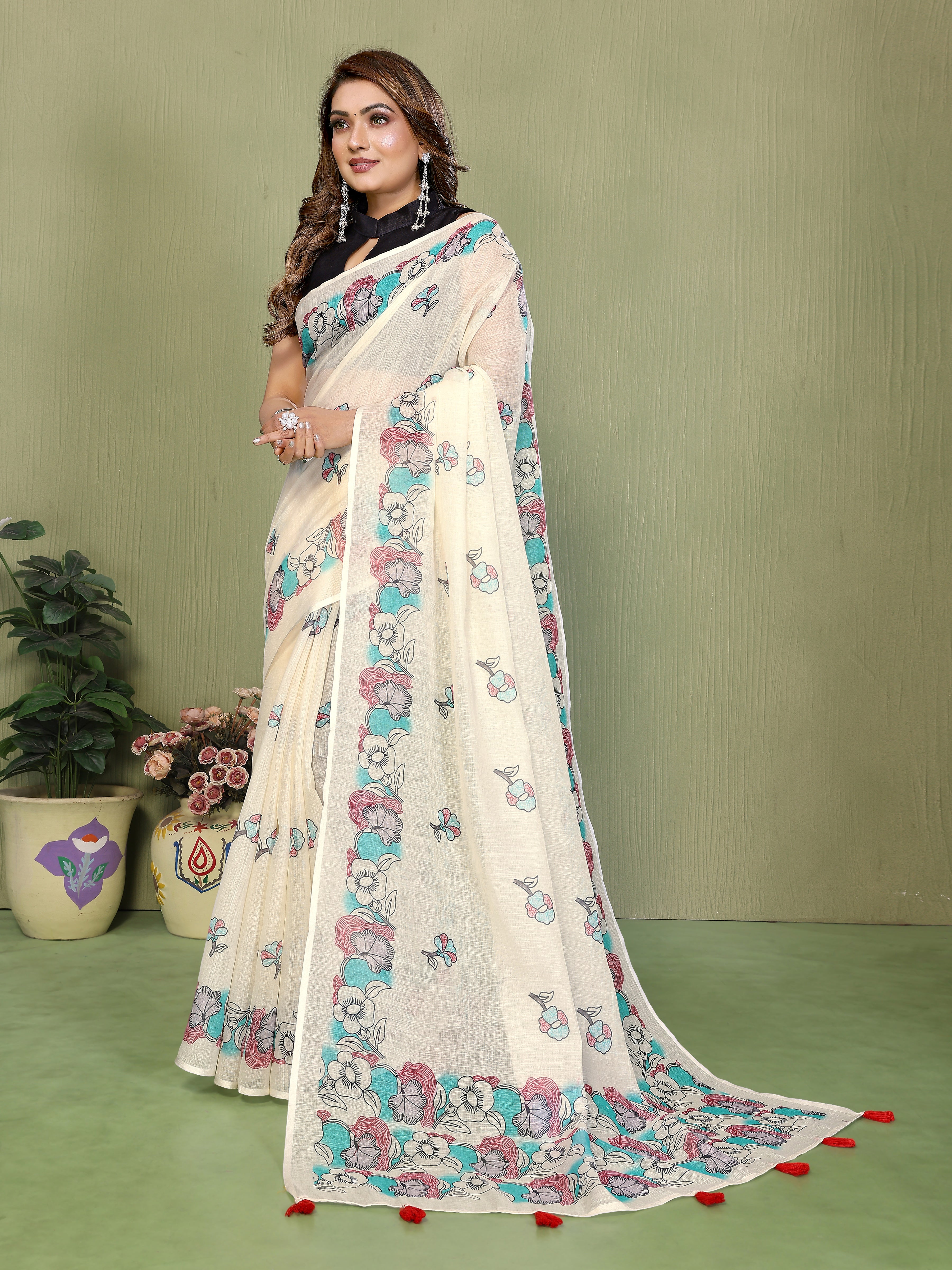 Premium Soft Linen Cotton Printed Saree with Tassels