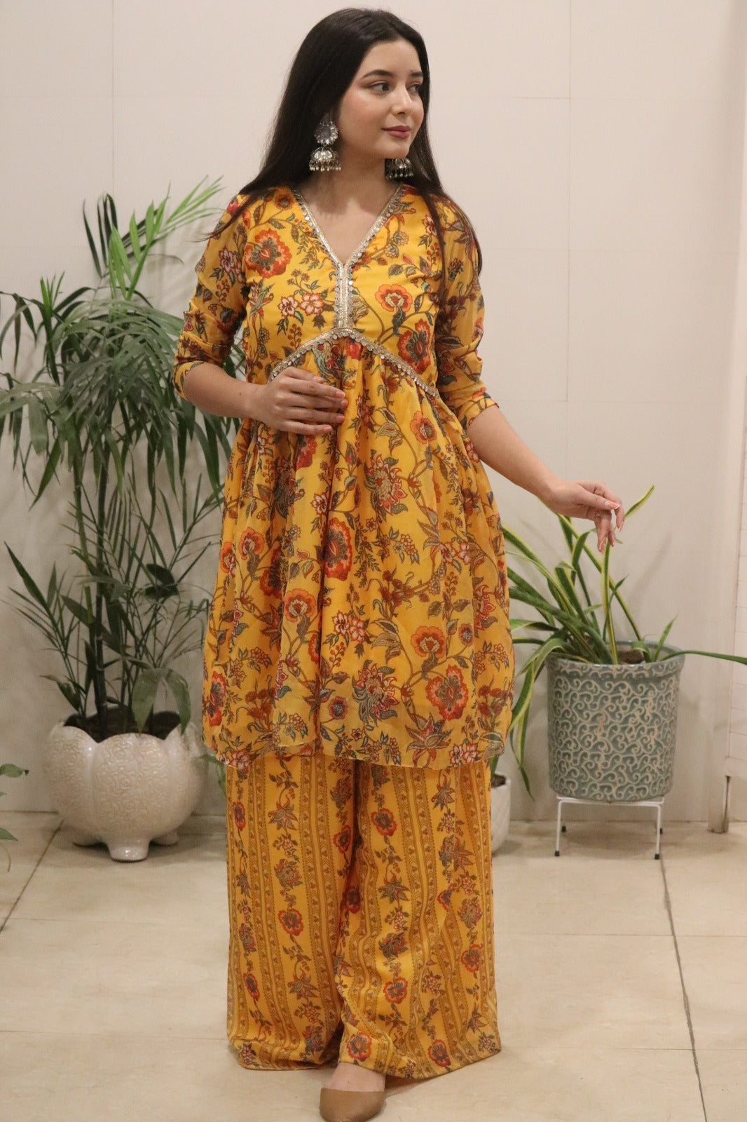 Women’s Mustard Yellow Organza Silk Kurti Palazzo Set