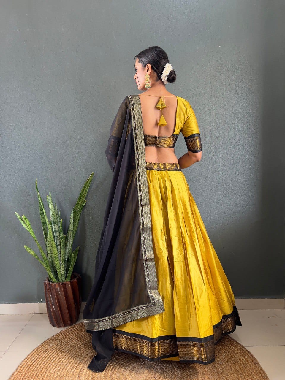 Mustard Yellow & Black Woven Cotton Lehenga Set