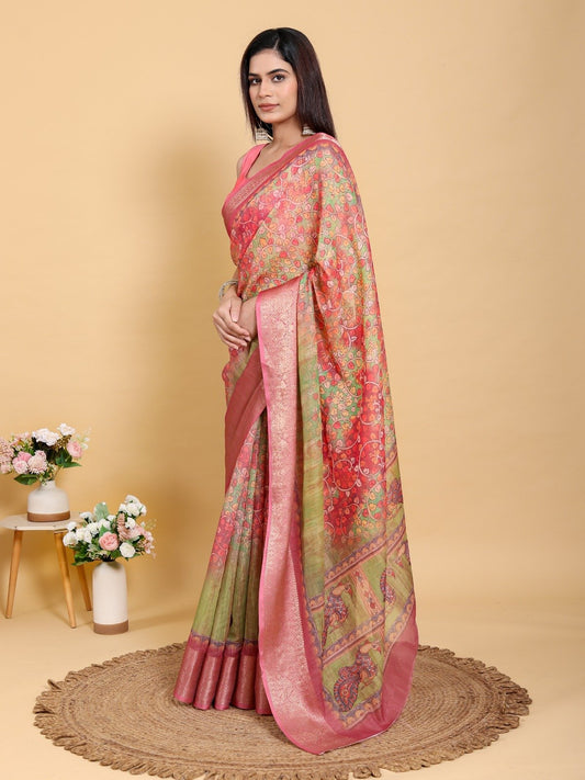 Elegant Pink-Green Jacquard Linen Cotton Saree
