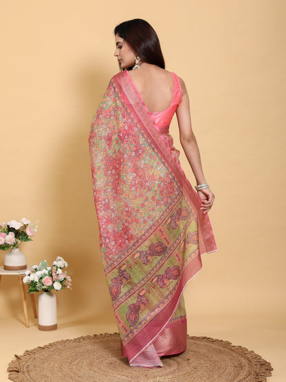 Elegant Pink-Green Jacquard Linen Cotton Saree