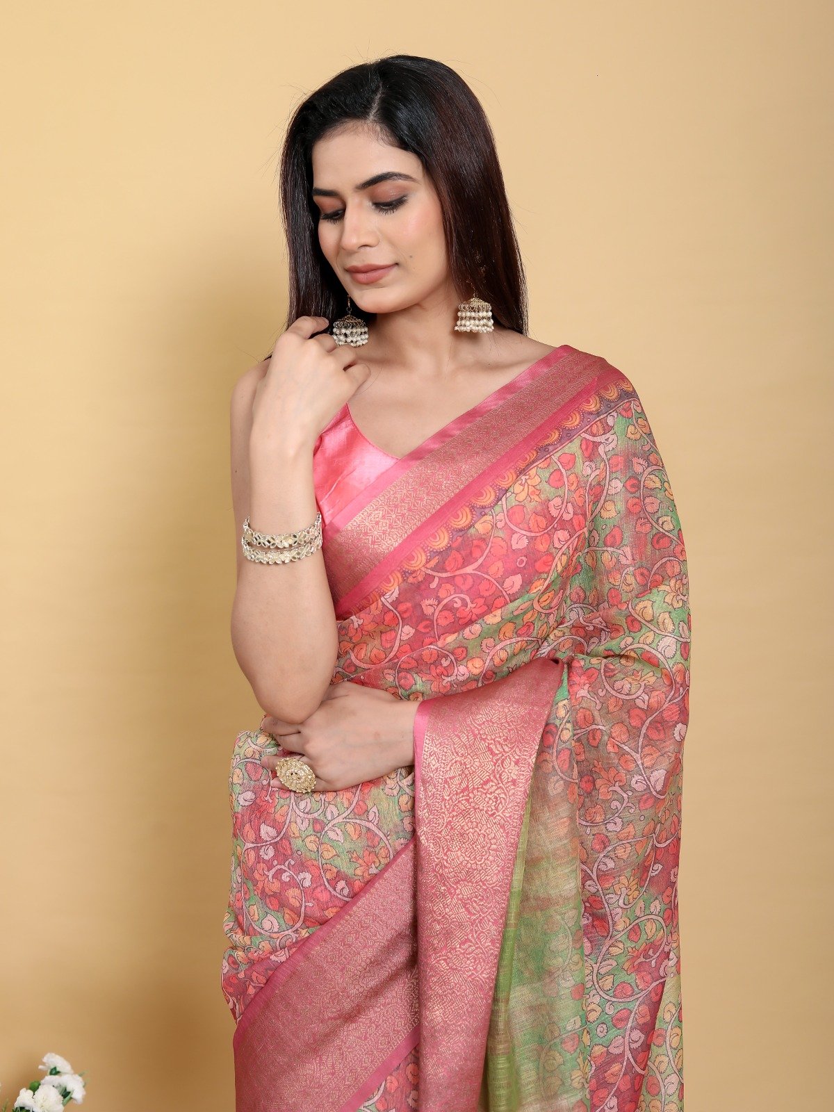 Elegant Pink-Green Jacquard Linen Cotton Saree