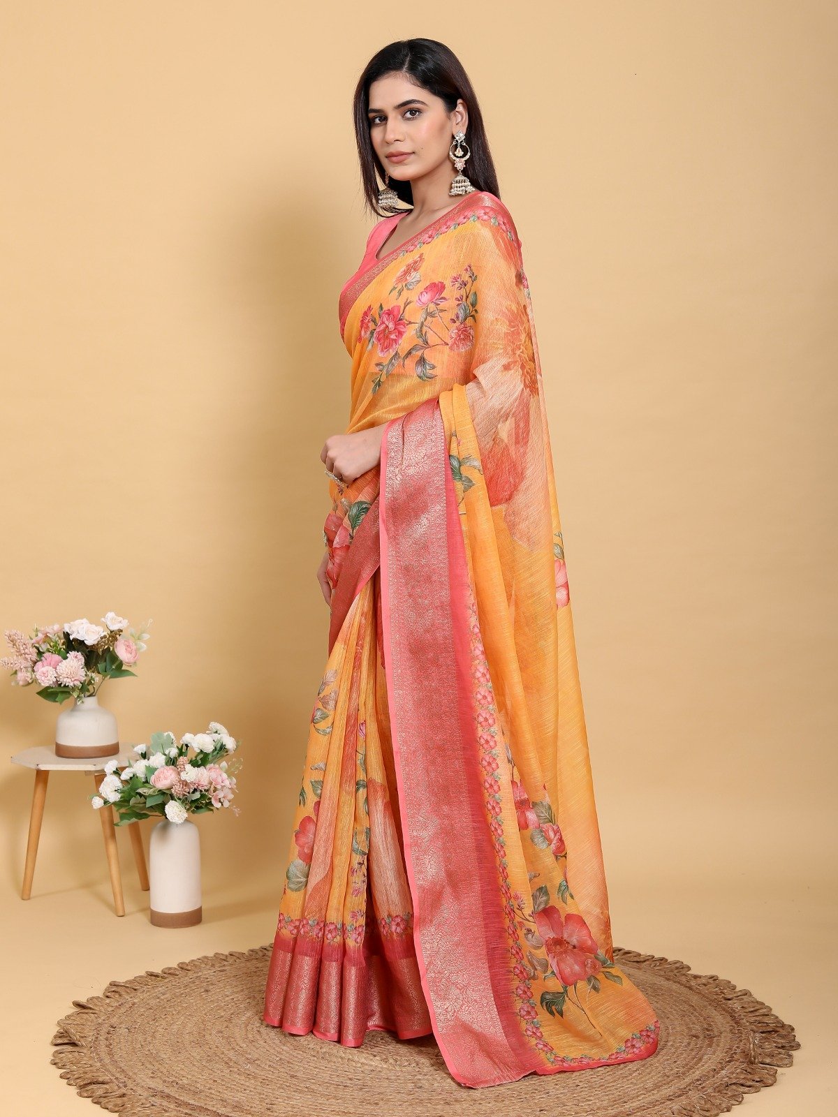 Vibrant Sunshine Yellow Floral Print Linen Cotton Saree