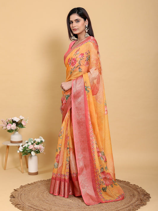 Vibrant Sunshine Yellow Floral Print Linen Cotton Saree