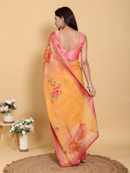 Vibrant Sunshine Yellow Floral Print Linen Cotton Saree