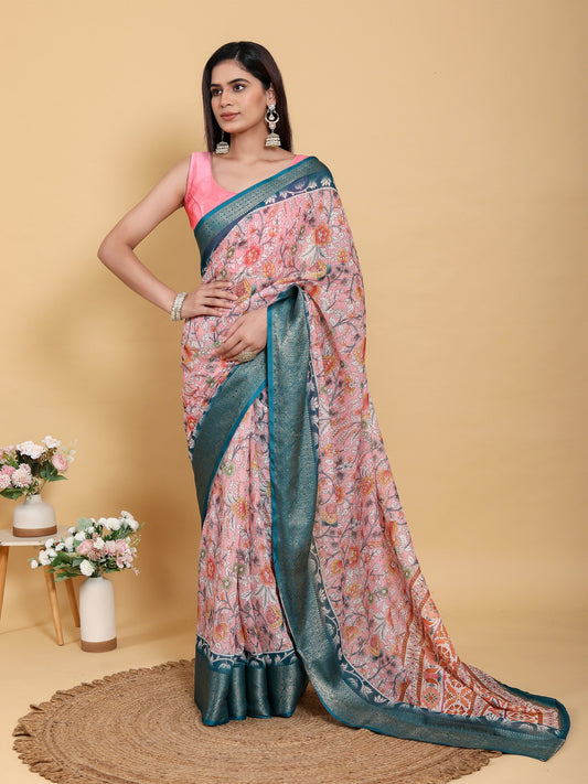 Elegant Pink Floral Print Linen Cotton Saree