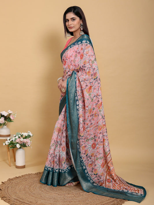 Elegant Pink Floral Print Linen Cotton Saree