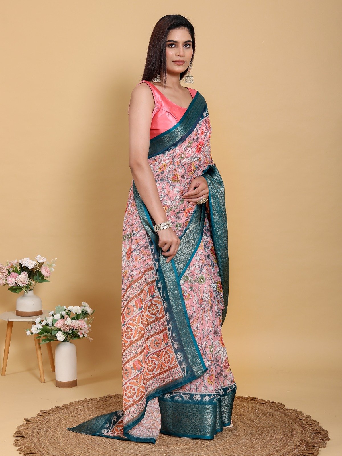 Elegant Pink Floral Print Linen Cotton Saree