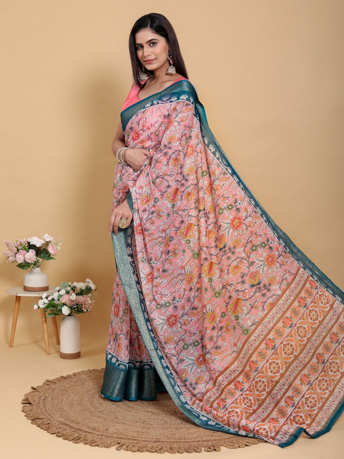 Elegant Pink Floral Print Linen Cotton Saree