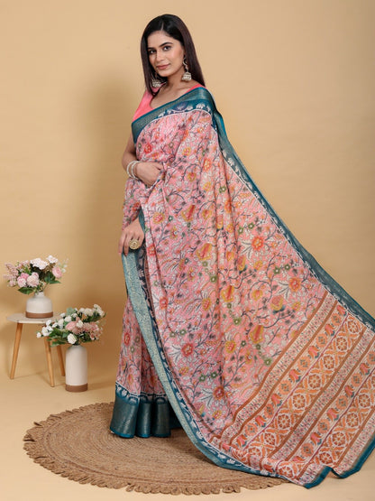 Elegant Pink Floral Print Linen Cotton Saree