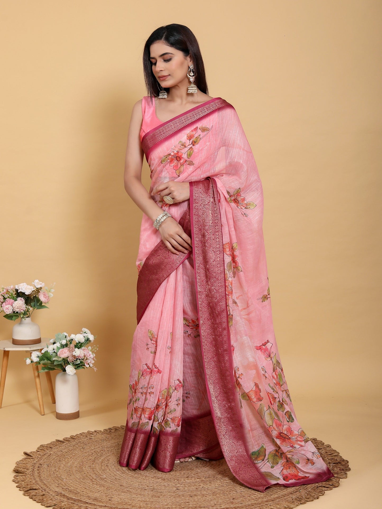 Elegant Rose Pink Floral Print Linen Cotton Saree