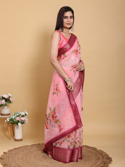 Elegant Rose Pink Floral Print Linen Cotton Saree