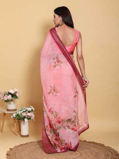 Elegant Rose Pink Floral Print Linen Cotton Saree