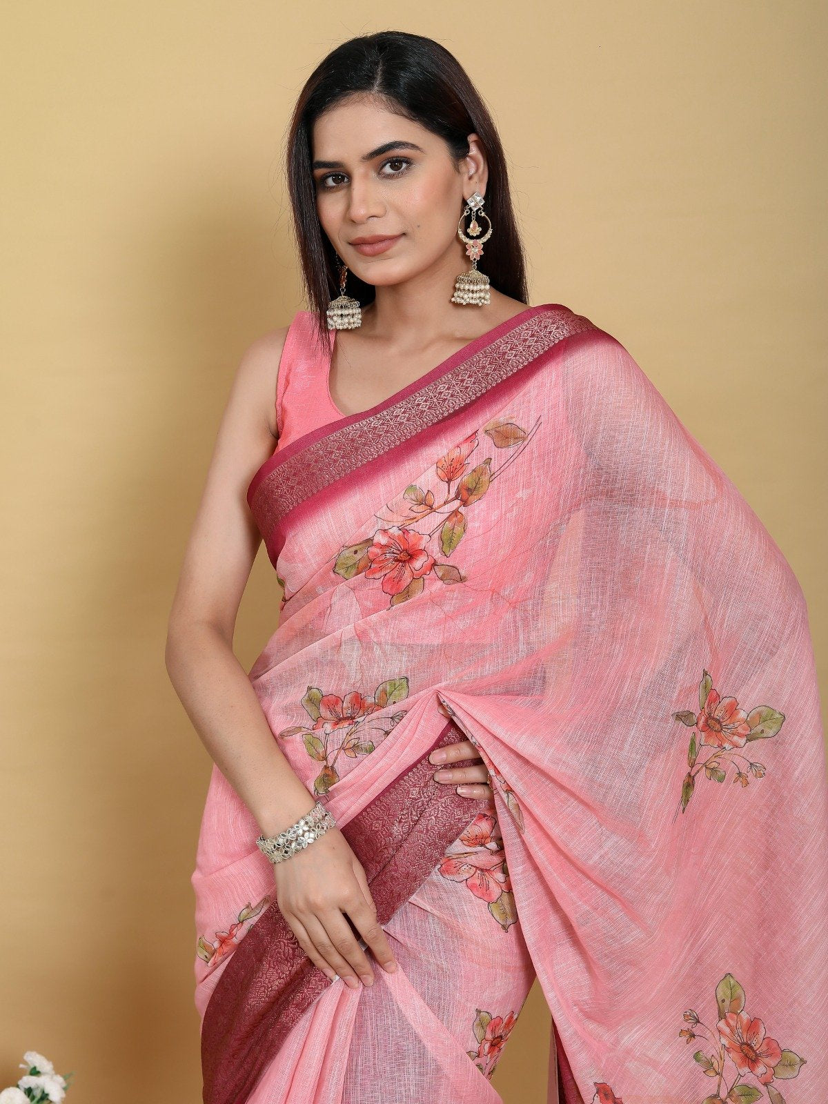 Elegant Rose Pink Floral Print Linen Cotton Saree