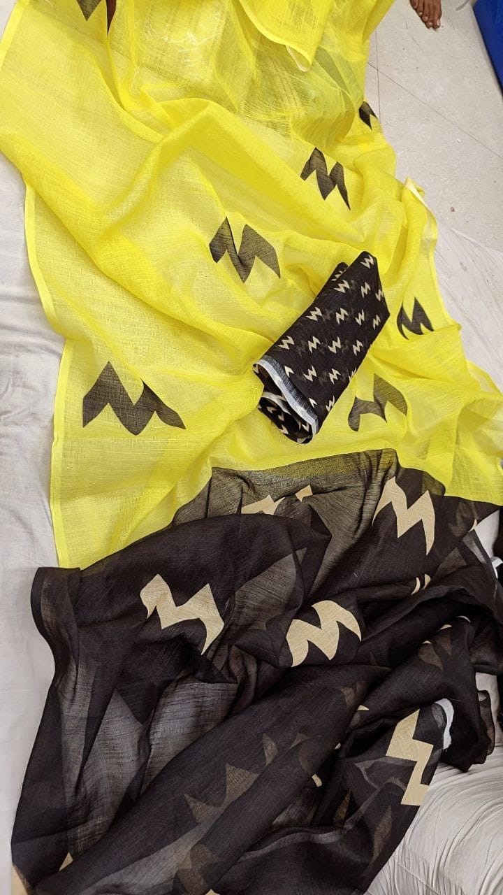 Modern Lime Yellow Abstract Print Saree with Contrast Pallu