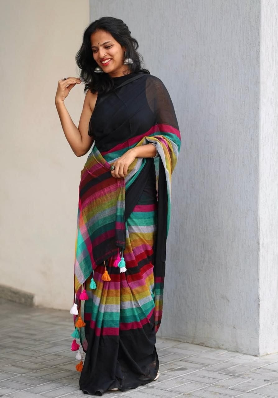 Elegant Multicolor Check Linen Cotton Saree with Rich Contrast Border