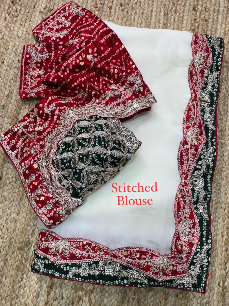 Designer Bandhani Satin Saree with Stitched Coding Work Blouse