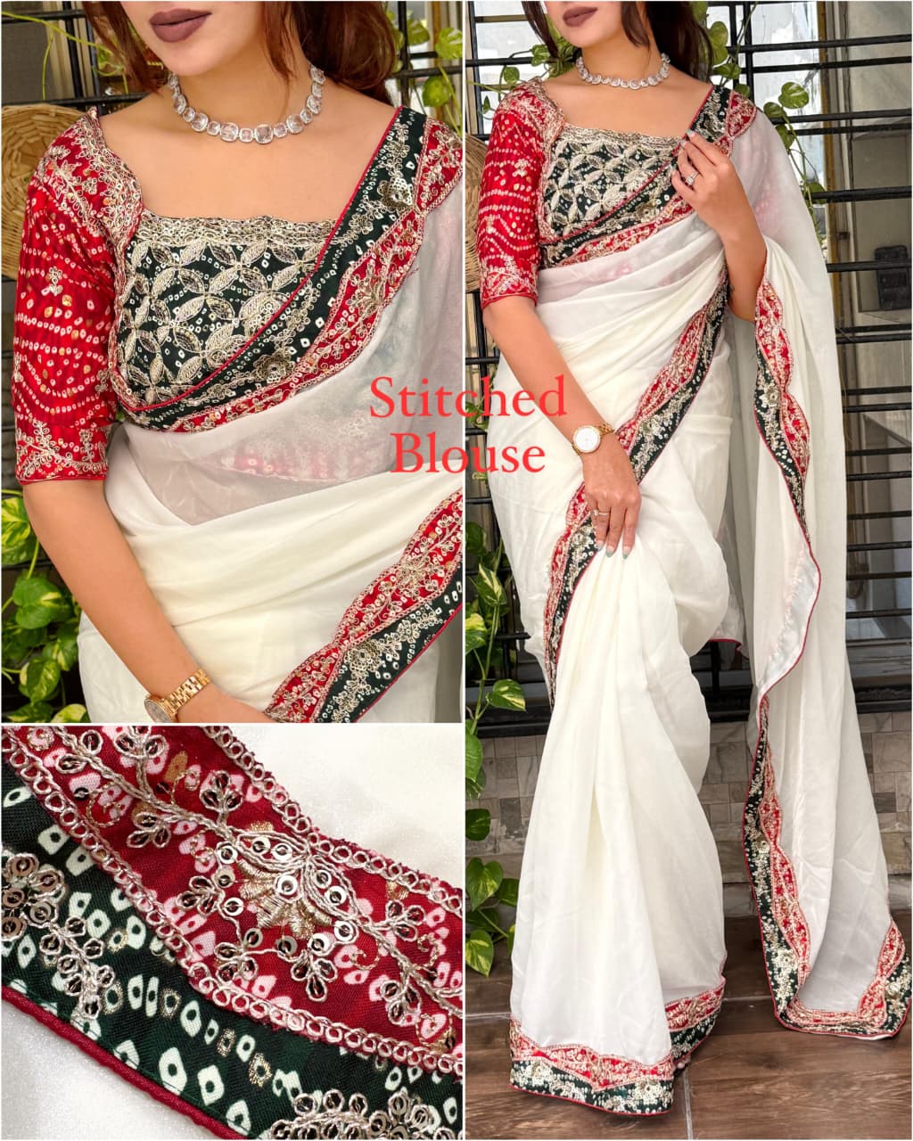 Designer Bandhani Satin Saree with Stitched Coding Work Blouse