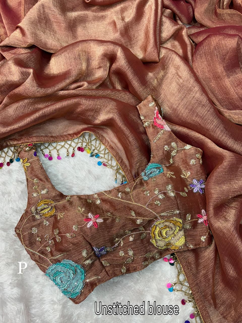 Glam Fandy Chiffon Saree with Sequins Beads Embroidered Blouse