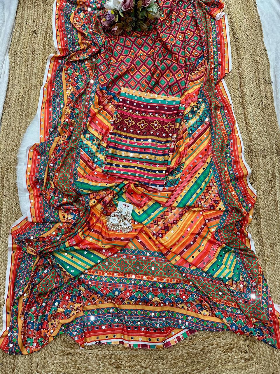 Chinon Silk Digital Print Saree with Real Mirror Work