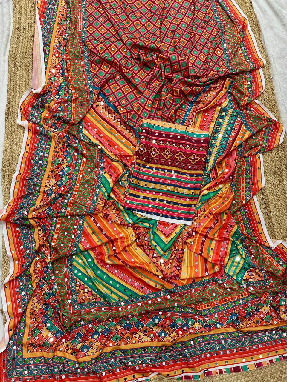 Chinon Silk Digital Print Saree with Real Mirror Work