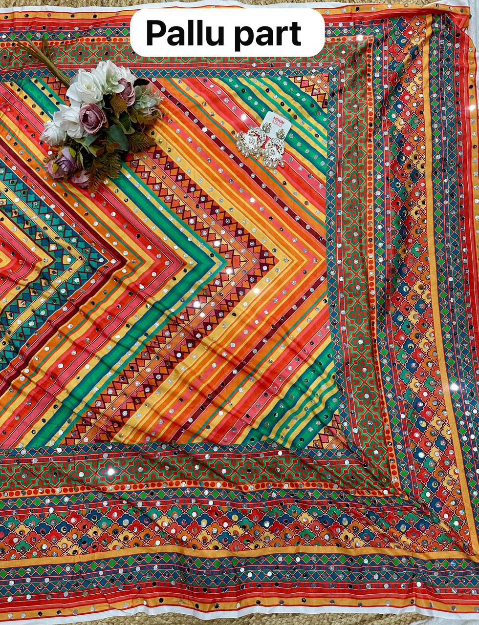 Chinon Silk Digital Print Saree with Real Mirror Work