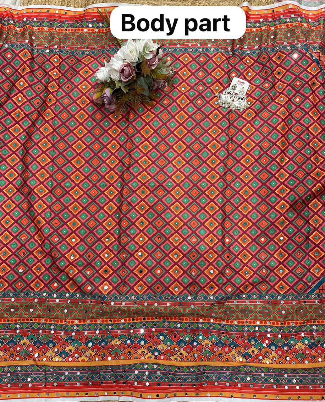 Chinon Silk Digital Print Saree with Real Mirror Work