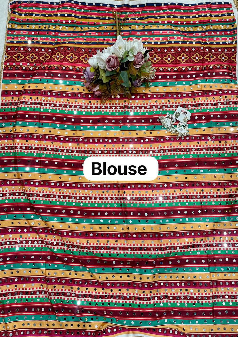 Chinon Silk Digital Print Saree with Real Mirror Work