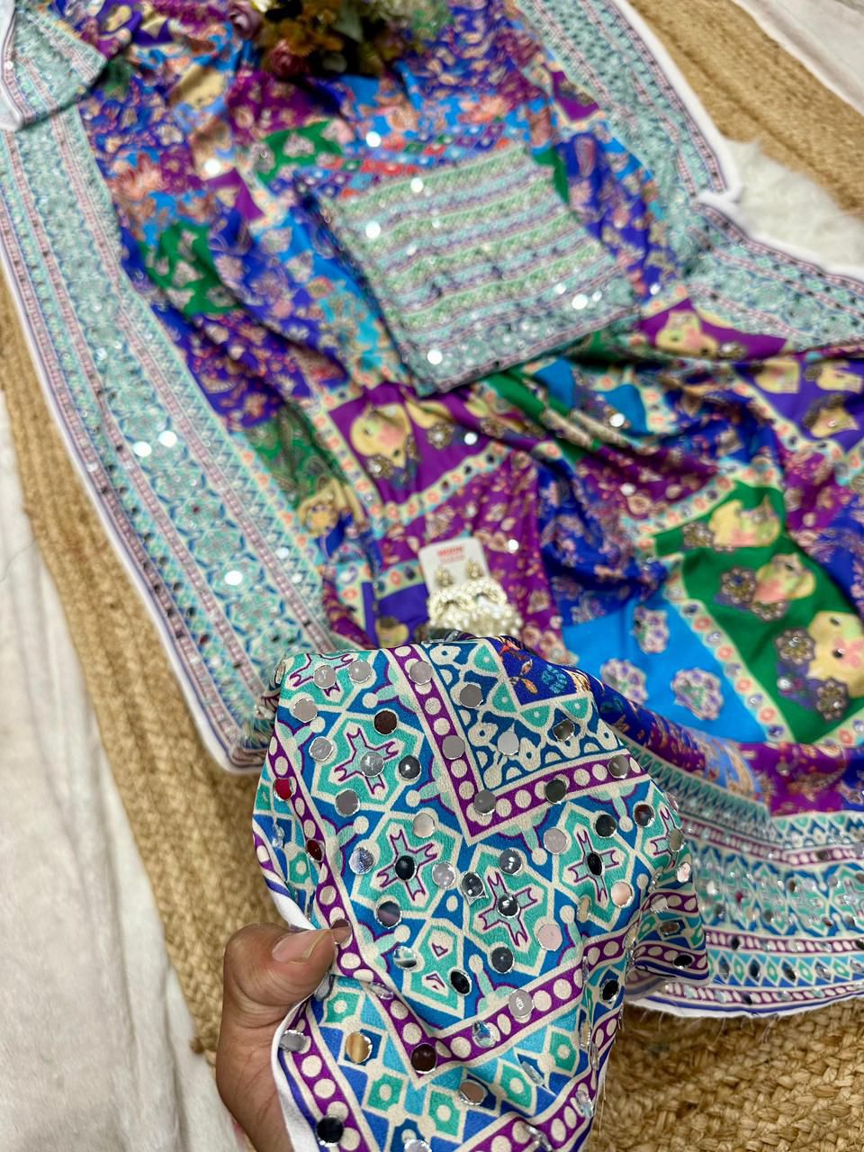 Chinon Silk Digital Print Saree with Real Mirror Work