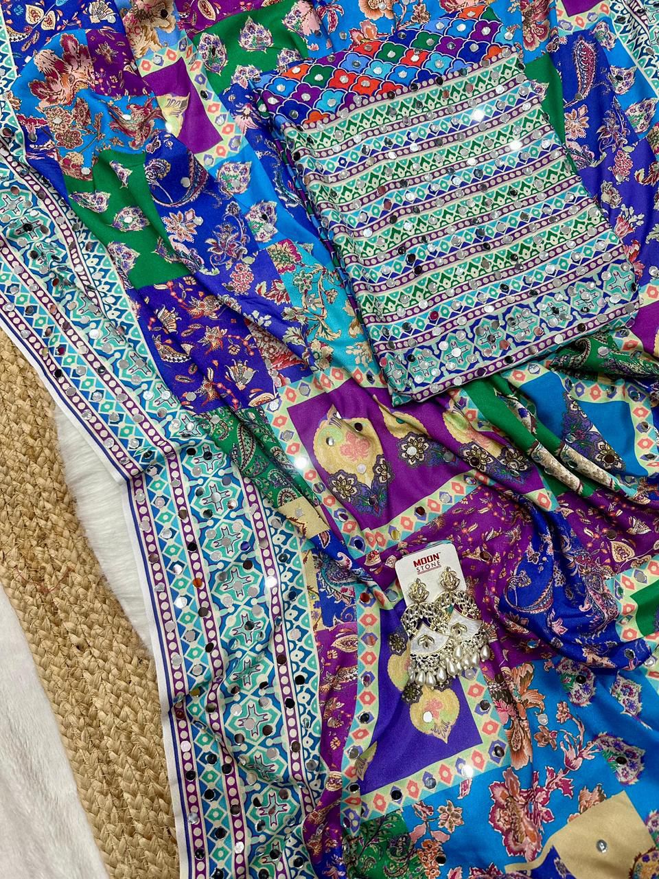 Chinon Silk Digital Print Saree with Real Mirror Work
