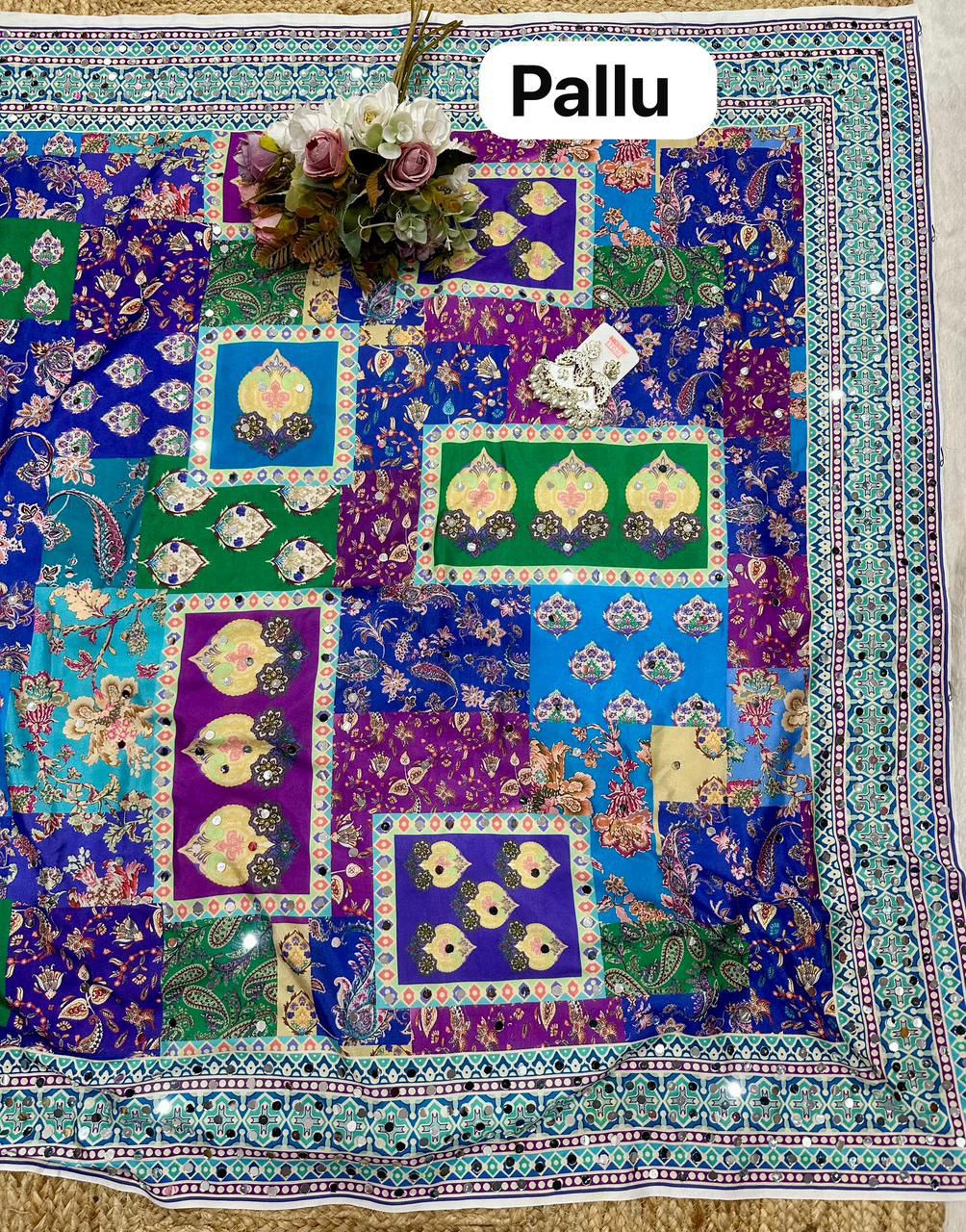 Chinon Silk Digital Print Saree with Real Mirror Work