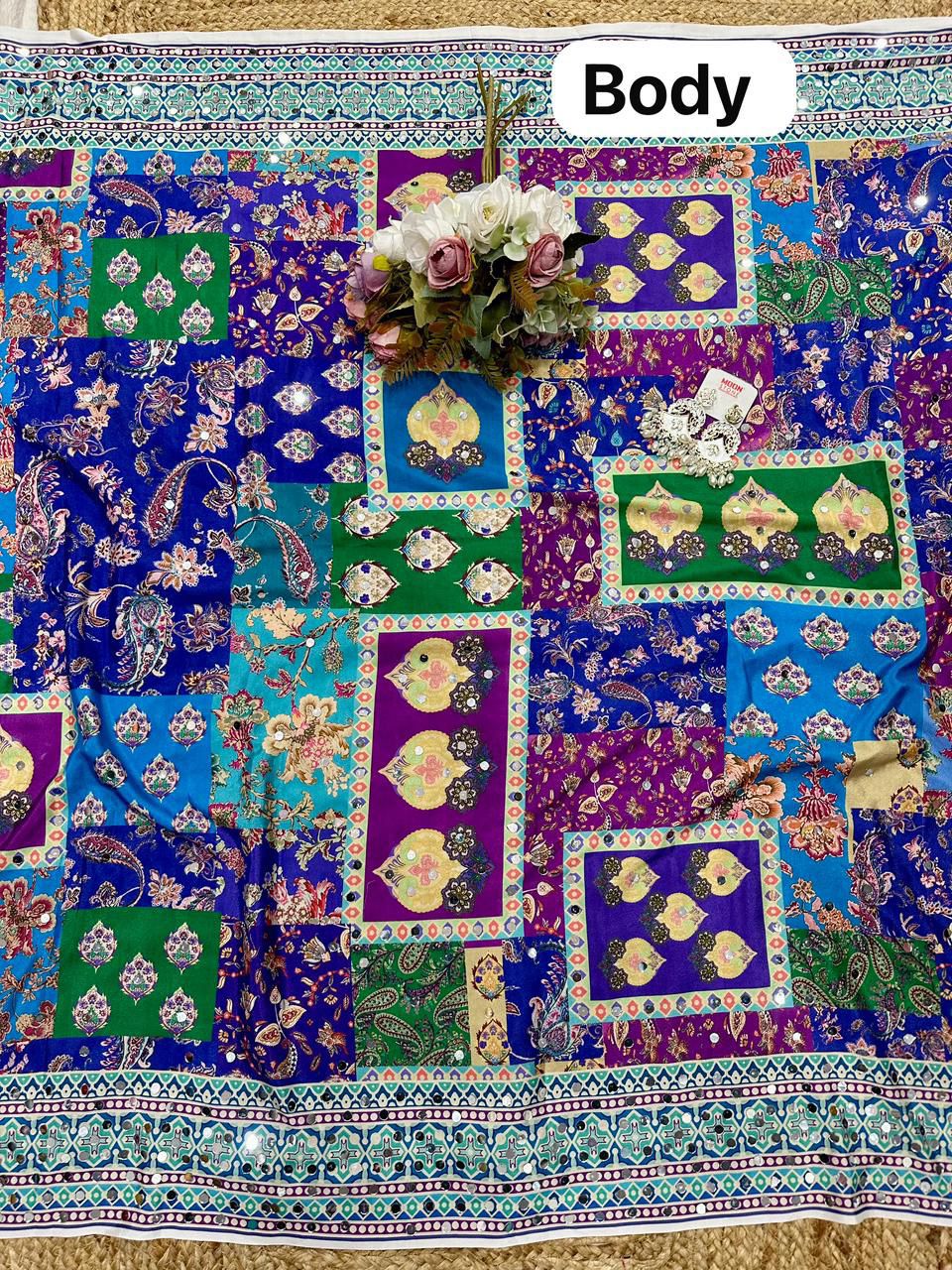 Chinon Silk Digital Print Saree with Real Mirror Work