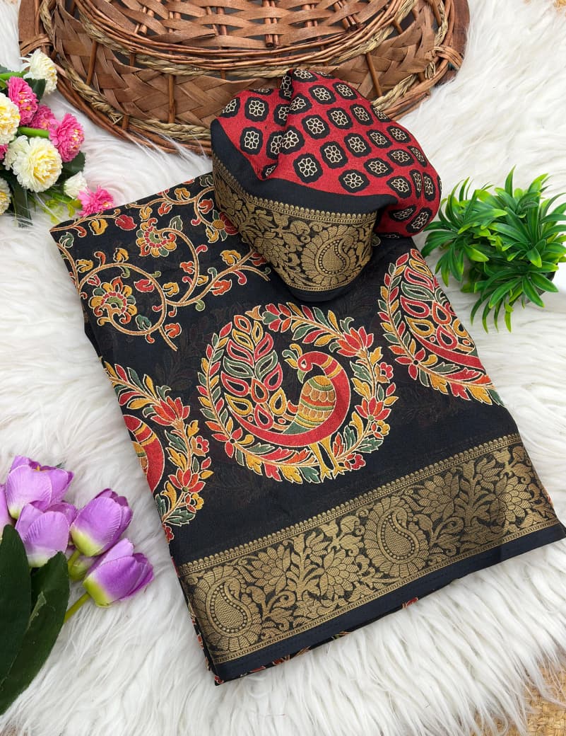 Dola Silk Kalamkari Printed Saree Jacquard Border Edition