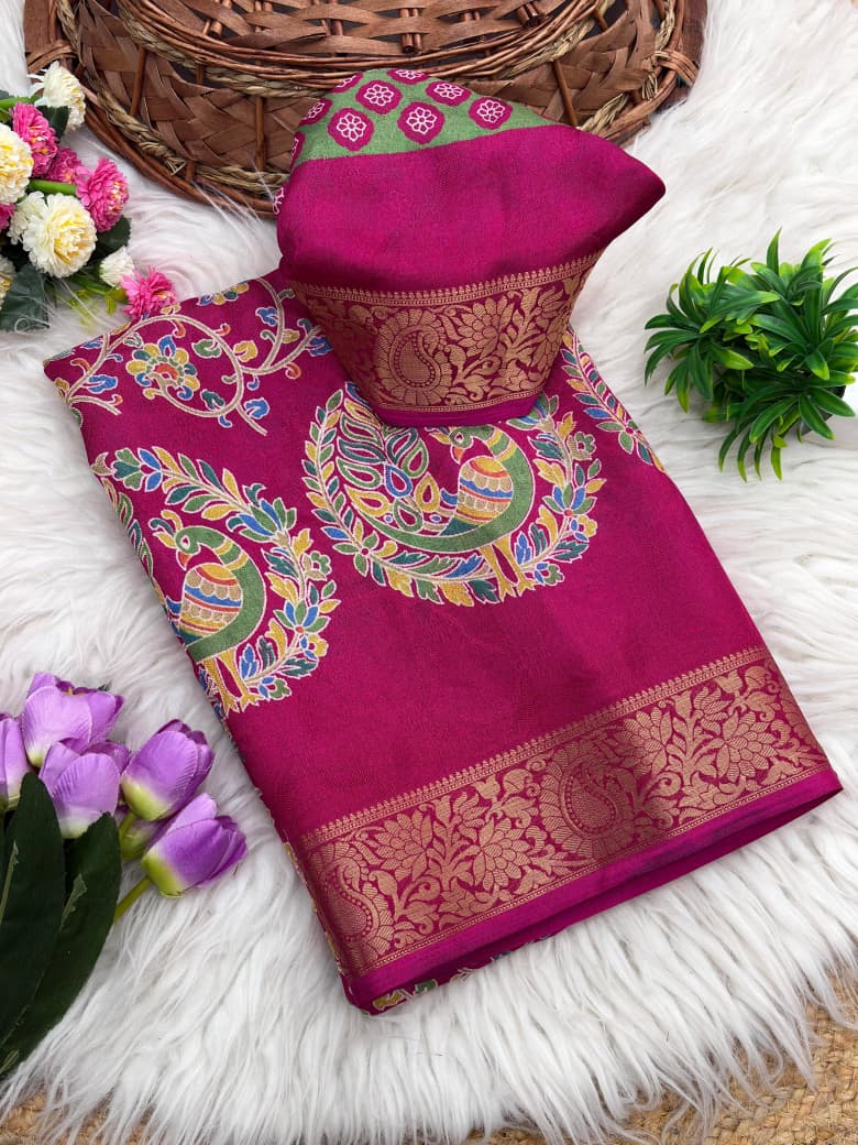 Dola Silk Kalamkari Printed Saree Jacquard Border Edition