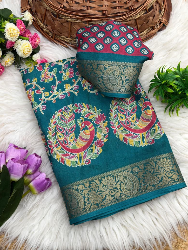 Dola Silk Kalamkari Printed Saree Jacquard Border Edition