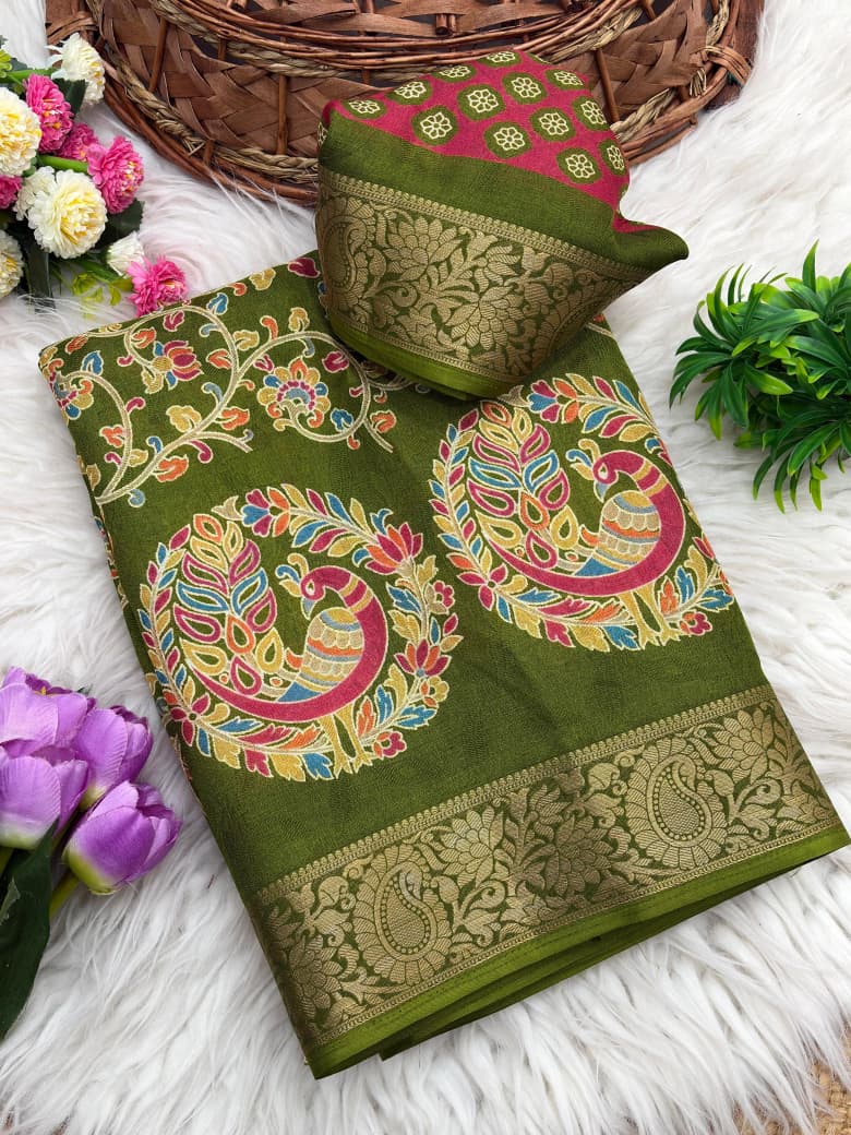 Dola Silk Kalamkari Printed Saree Jacquard Border Edition