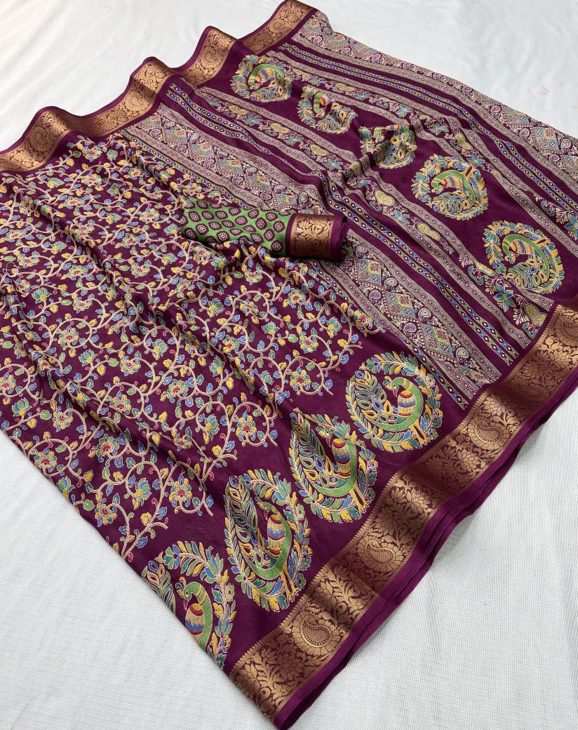 Dola Silk Kalamkari Printed Saree Jacquard Border Edition