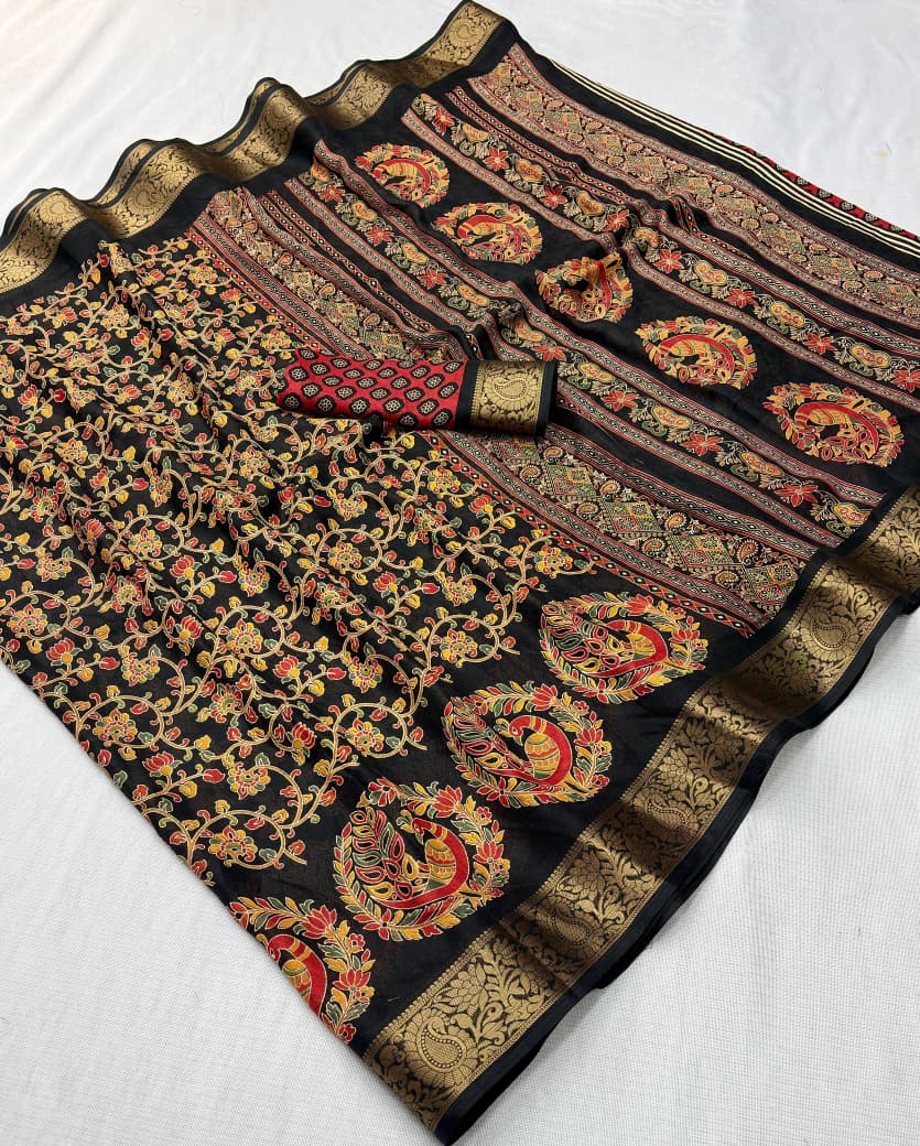 Dola Silk Kalamkari Printed Saree Jacquard Border Edition