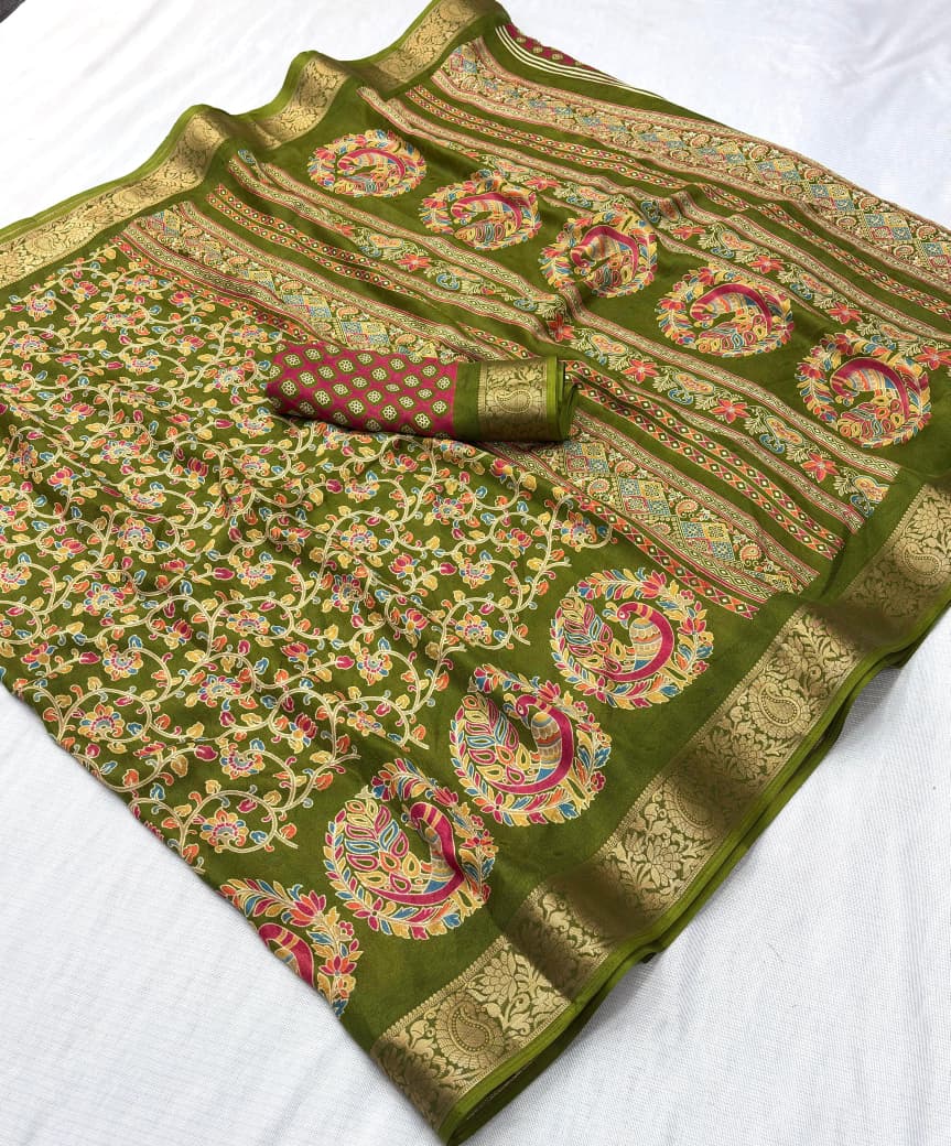 Dola Silk Kalamkari Printed Saree Jacquard Border Edition