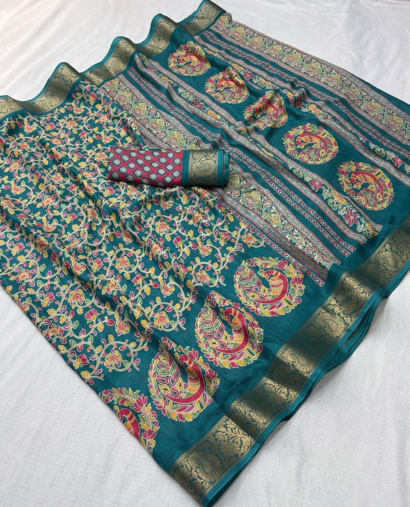 Dola Silk Kalamkari Printed Saree Jacquard Border Edition