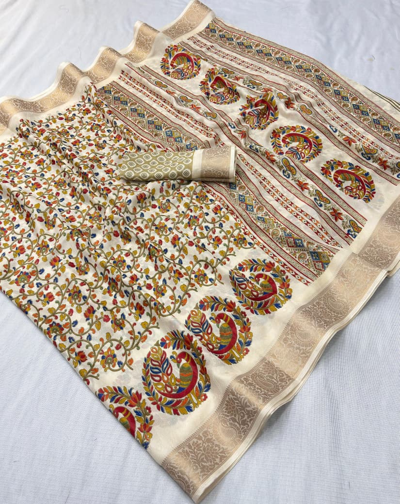 Dola Silk Kalamkari Printed Saree Jacquard Border Edition