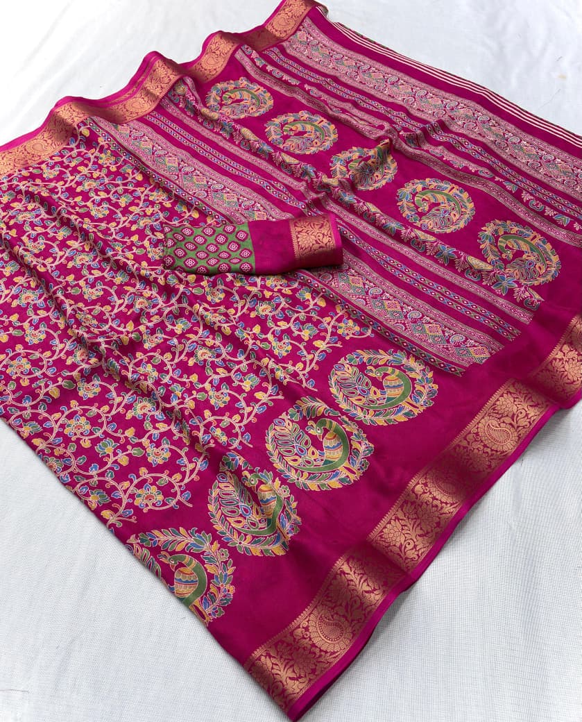 Dola Silk Kalamkari Printed Saree Jacquard Border Edition