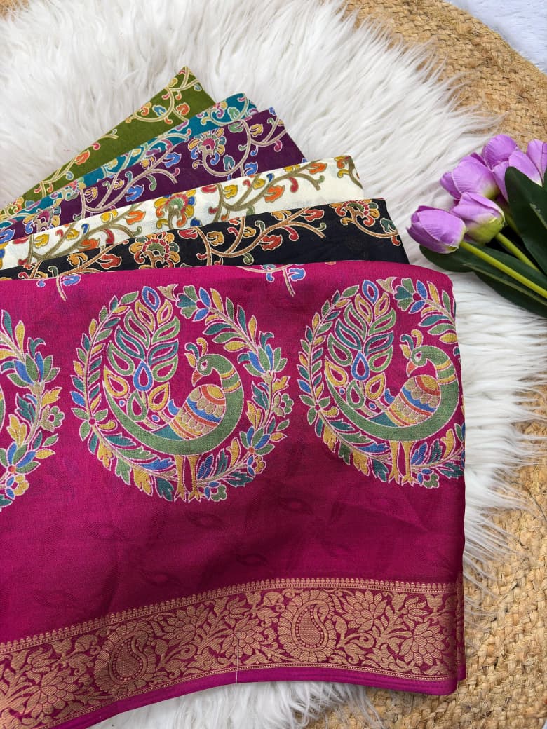 Dola Silk Kalamkari Printed Saree Jacquard Border Edition