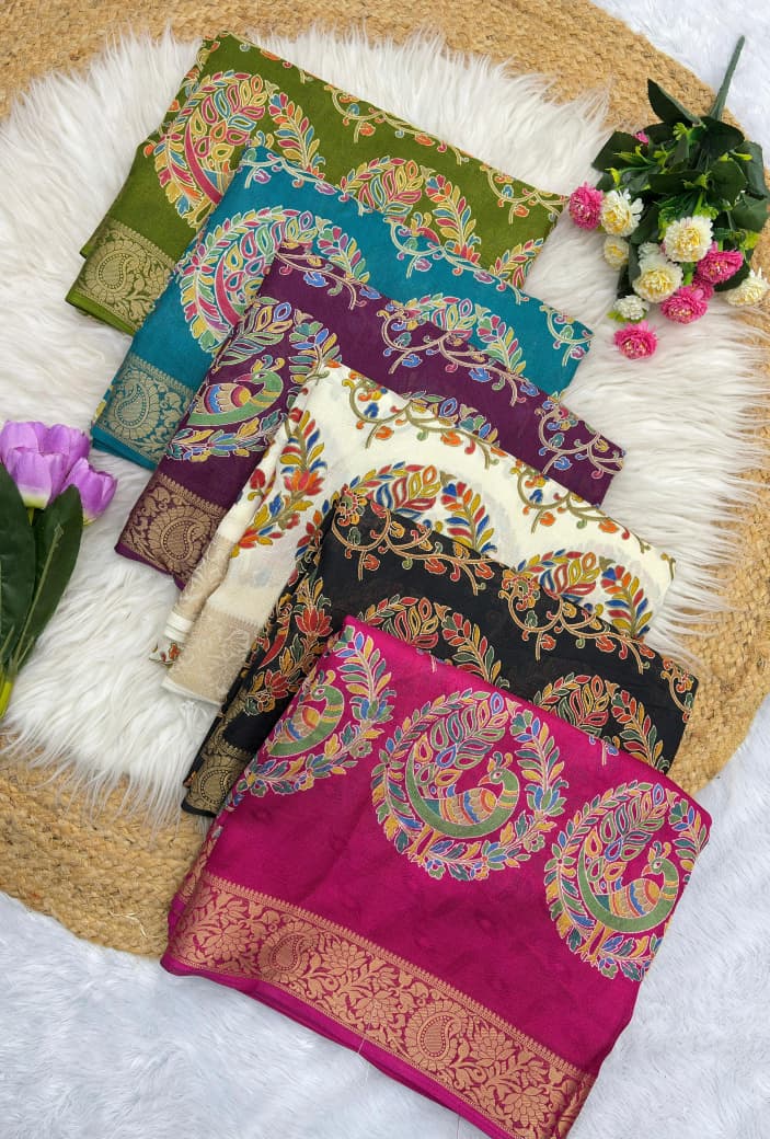 Dola Silk Kalamkari Printed Saree Jacquard Border Edition
