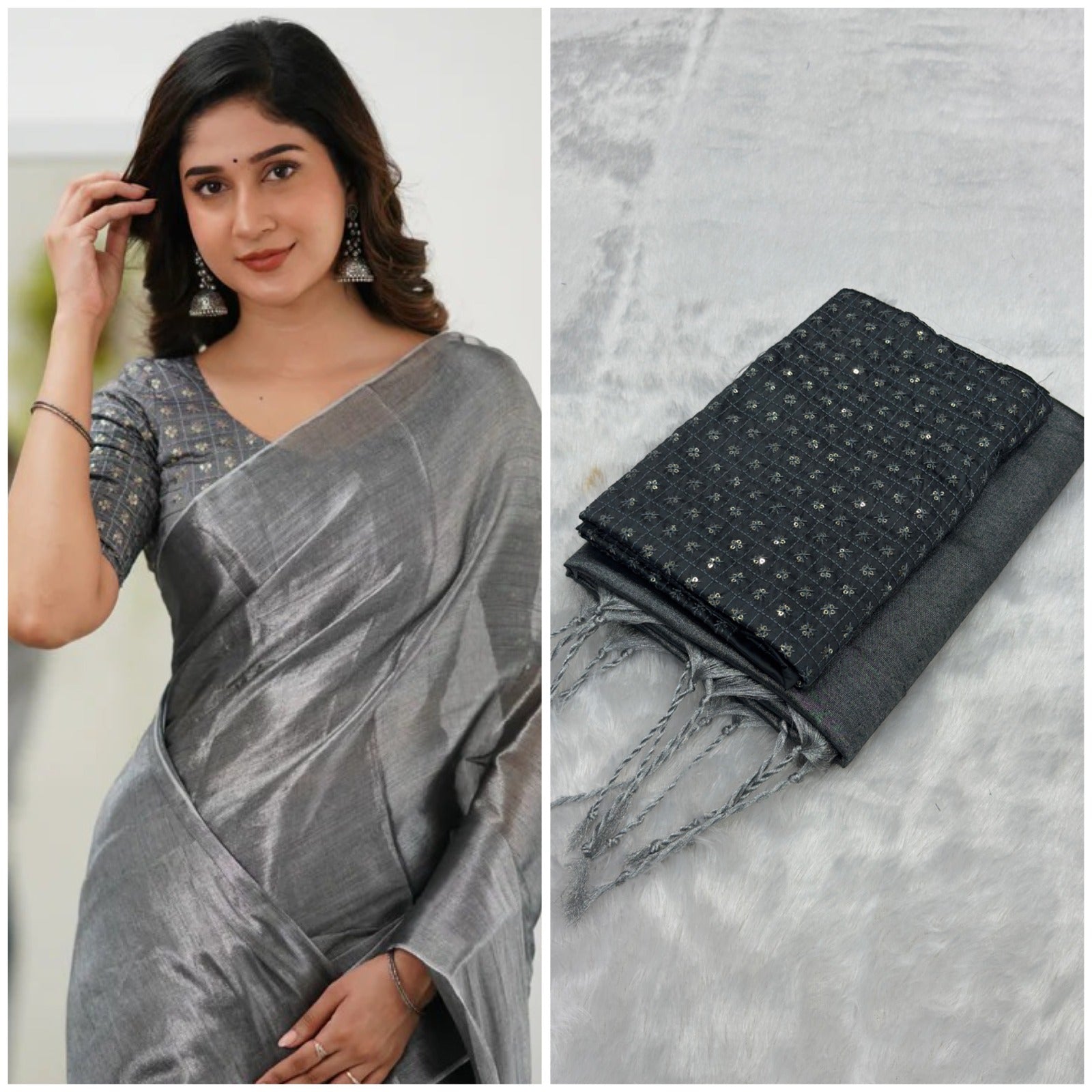 Delicate Bloom Cotton Tissue Silk Saree with Sequence Work Blouse