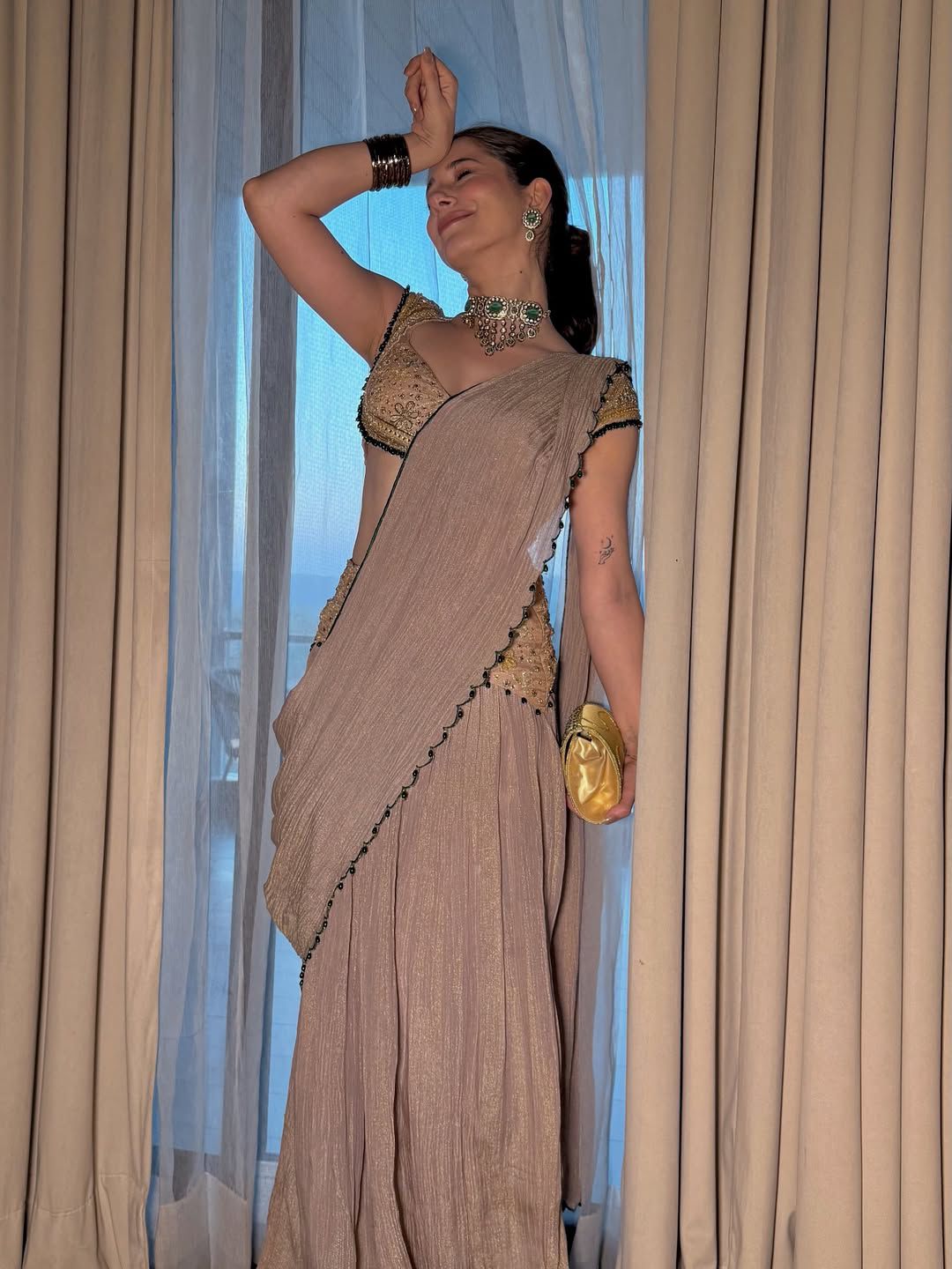 Faux Georgette Ready-to-Wear Crushed Saree with Real Mirror Work
