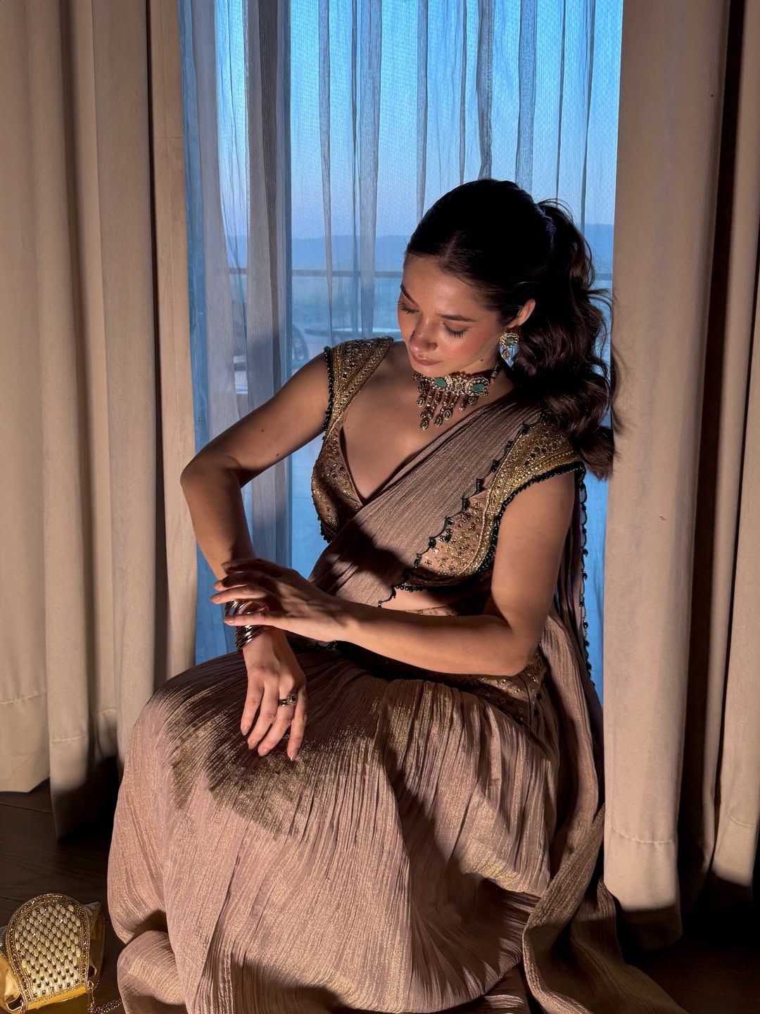 Faux Georgette Ready-to-Wear Crushed Saree with Real Mirror Work